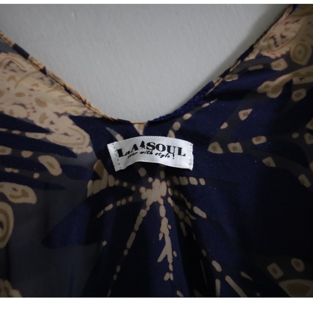 Laasoul Navy & Gold Floral Kimono Open Front Sheer Cover Up Bohemian Resort Wear - Picture 4 of 7